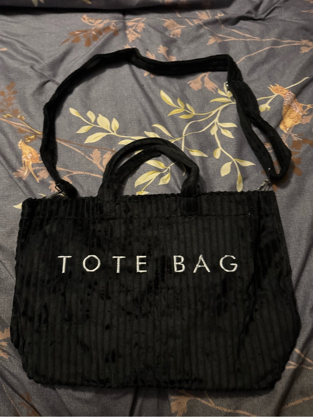 Black Velvet Tote Bag with Embroidered Text